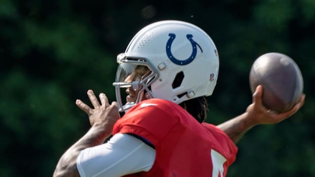 Indianapolis Colts quarterback Anthony Richardson (5) runs passing drills during Colts Camp practice at Grand Park, Tuesday, Aug. 1, 2023 in Westfield.